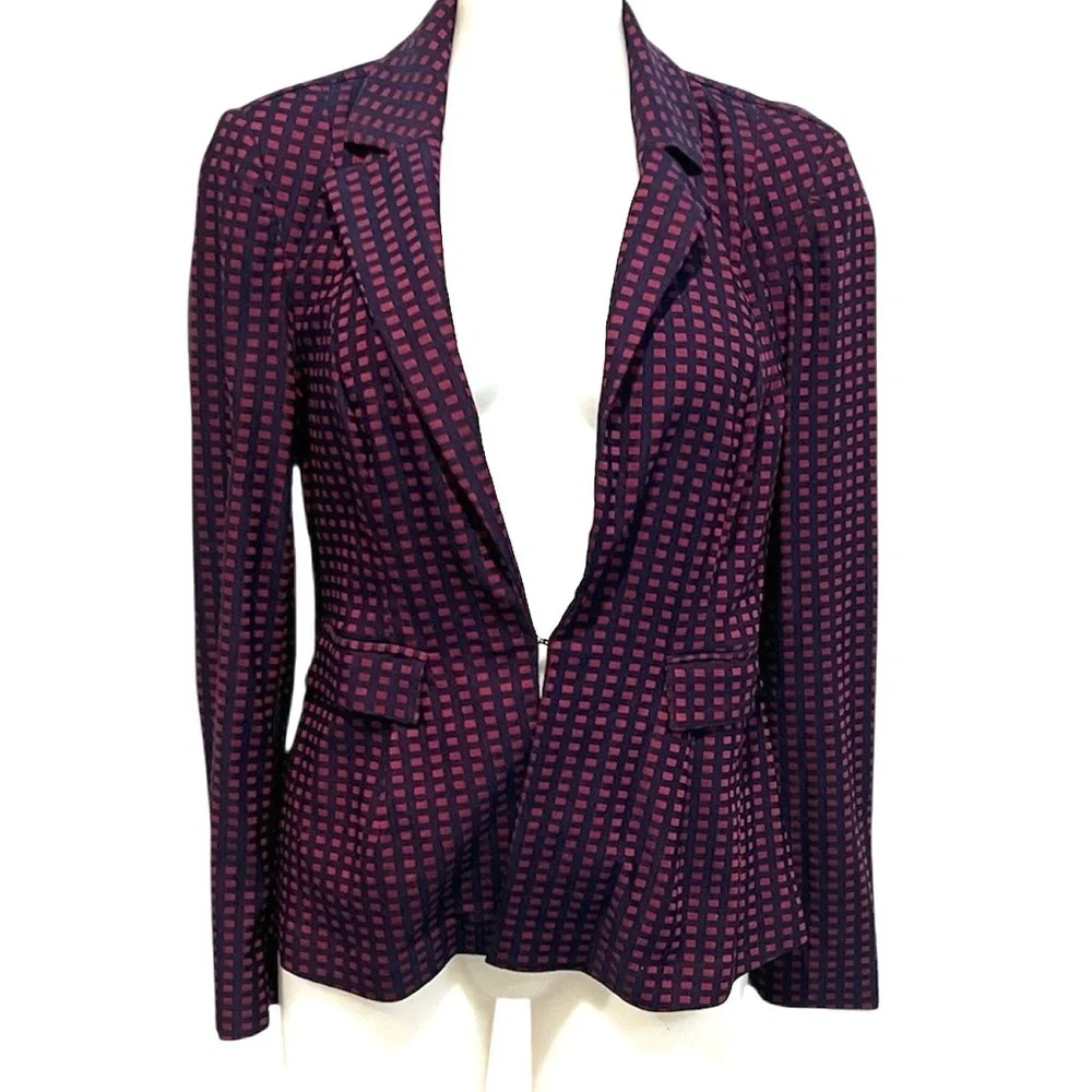ModCloth navy maroon grid print bow back peblum blazer size large - Picture 1 of 8
